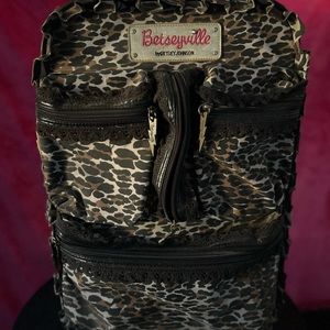 Betsey Johnson black leopard luggage suitcase bag large travel ruffle vintage